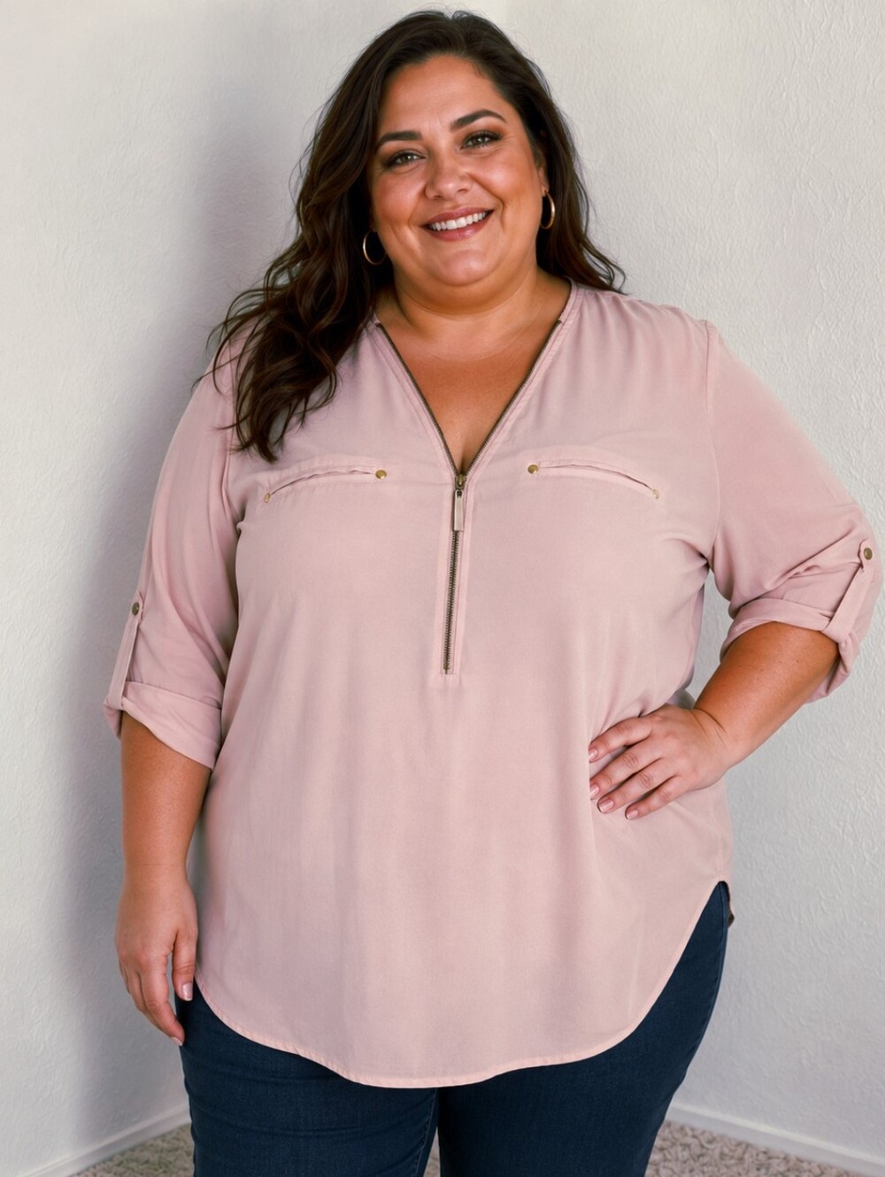 Miss Lili Pink Zip Front Blouse with Roll-tab Sleeves, Size 3X
